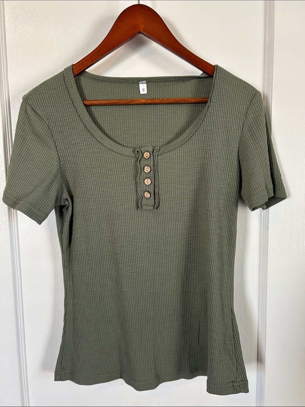 Amazon Olive Green Ribbed Short-Sleeve Henley Top